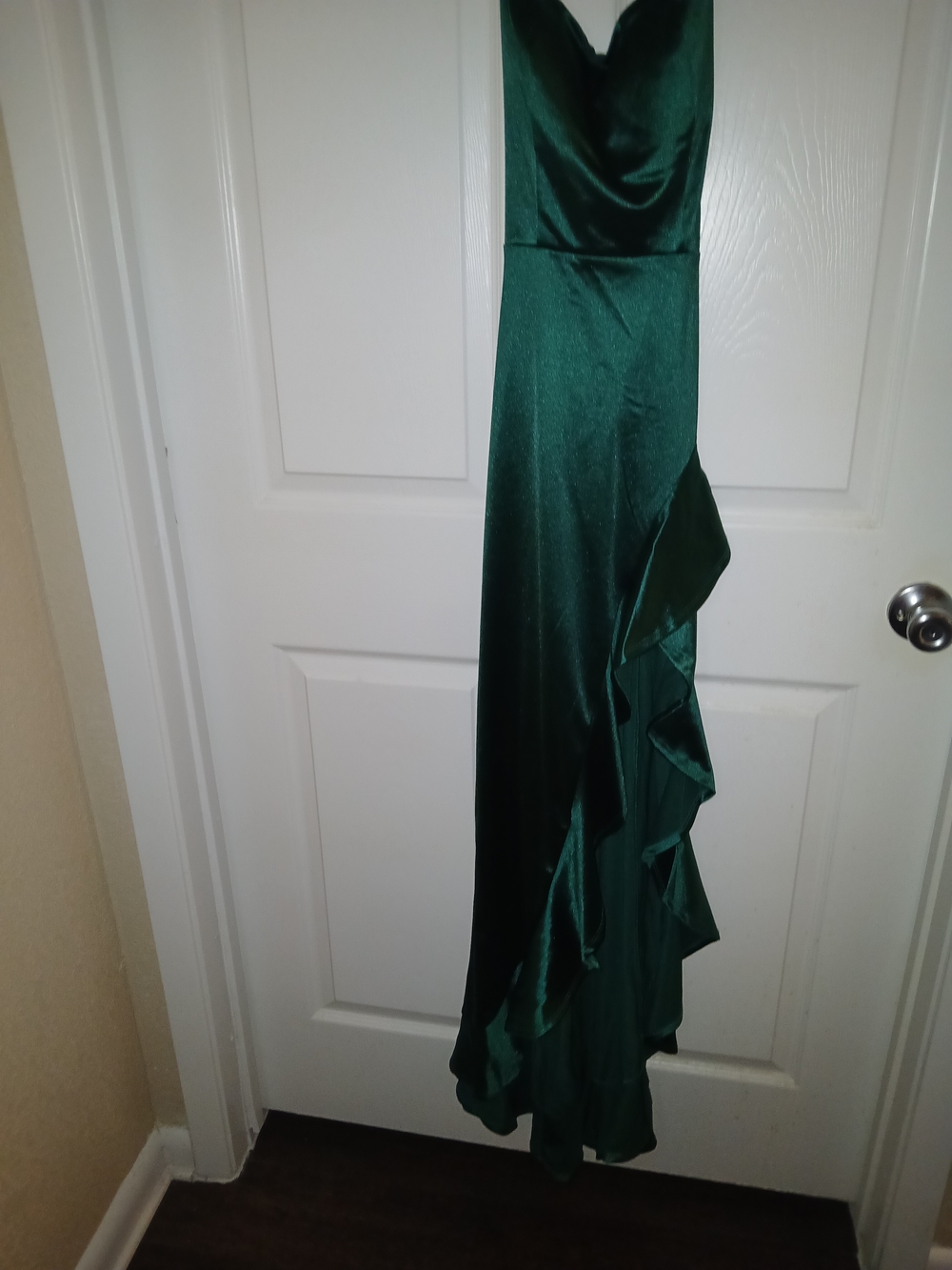 Crystal Doll Emerald Green Satin Evening Gown - Strapless Ruffle Detail Size 7